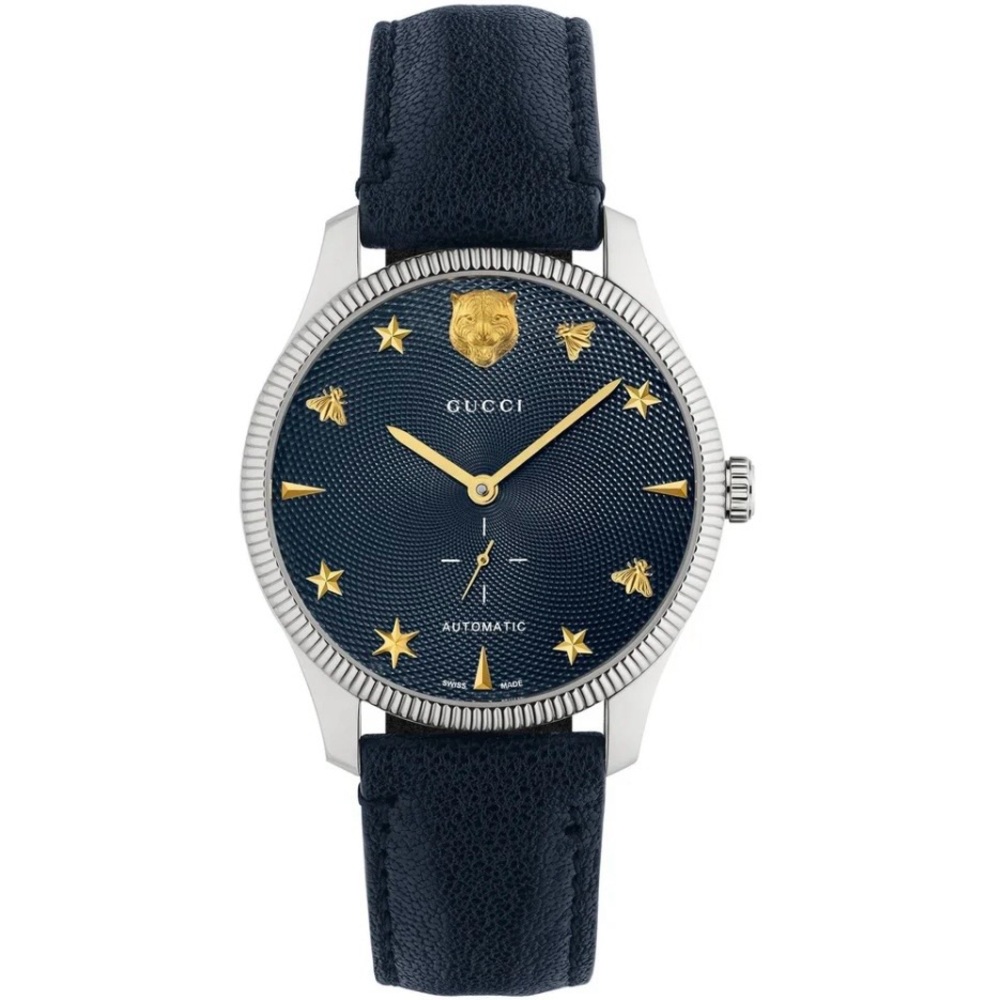 $3950 Gucci G-Timeless 40mm Charm Dial Automatic Watch, Deep Navy Blue